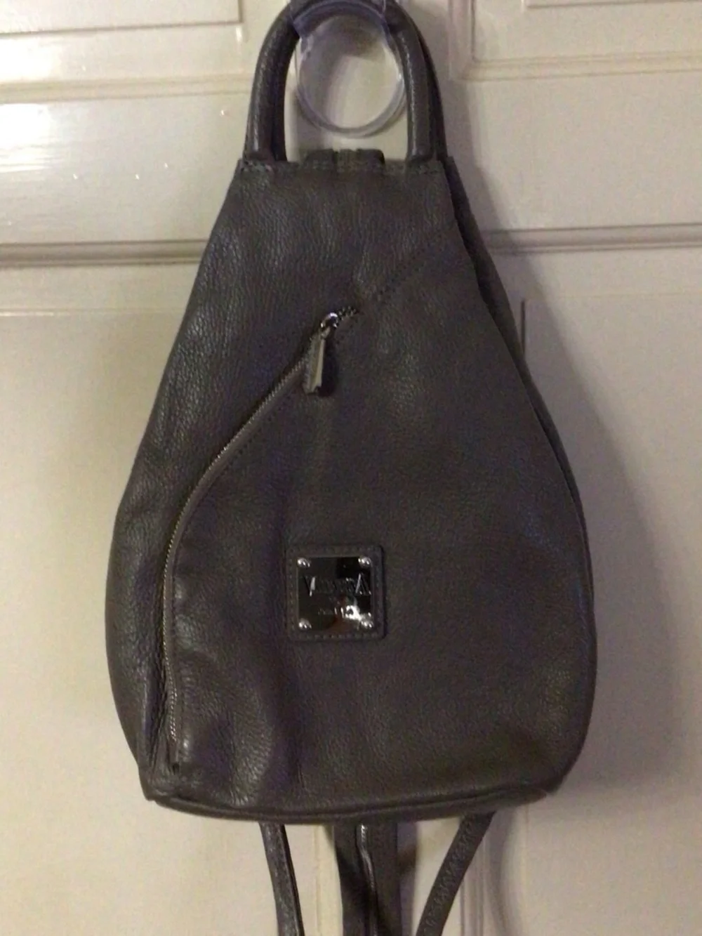 Valentina Gray Leather Teardrop Sling Backpack with Diagonal Zip